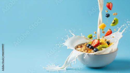 Healthy breakfast fresh fruits, oats, and milk splash in a bowl, isolated on a blue background
