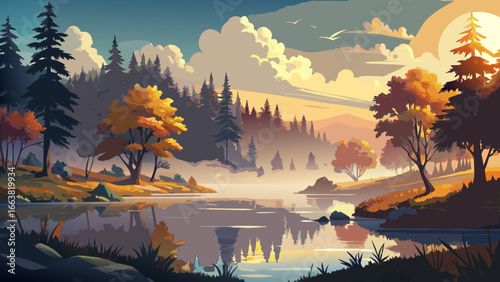 Misty lake shimmers at sunrise, autumn trees surrounding waters in glowing reflection, delicate fog drifting softly, golden light awakening sky, serene atmosphere whispering harmony, timeless stillnes