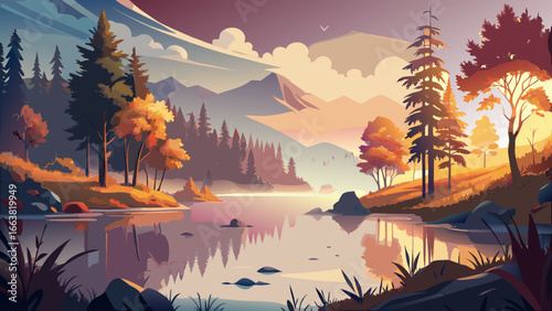Misty lake shimmers at sunrise, autumn trees surrounding waters in glowing reflection, delicate fog drifting softly, golden light awakening sky, serene atmosphere whispering harmony, timeless stillnes