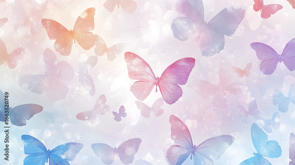 Fototapeta premium Colorful butterflies in various shades fluttering against a soft, dreamy background with light bokeh