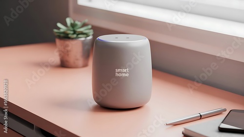 Modern smart home assistant device on stylish desk ready to automate your life with voice commands