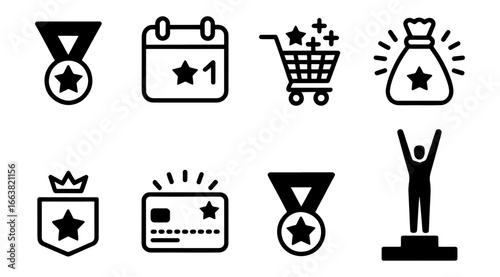 Vector art of collection of achievement and reward icons including medals, trophies, shopping cart, money bag, and credit card