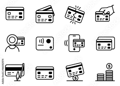 Vector art of set of credit card icons showing payment, finance, and transaction concepts