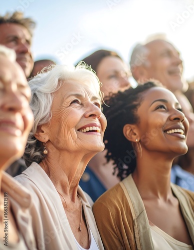 Group of people looking upwards with joy
