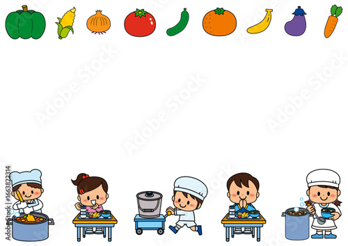 給食, フレーム, 学校, 食育, 小学生, 小学校, 保育園, 幼稚園, 子供, 給食当番, 給食係, かぼちゃ, トウモロコシ, 玉ねぎ, トマト, きゅうり, みかん, バナナ, ナス, にんじん, 配膳, 白衣, 人物, かわいい, メッセージ, 飾り枠, お知らせ, 枠, メモ, ご飯, 給食着, 男の子, 女の子, 食品, 衛生, 清潔, きれい, 子供向け, 明るい, 可愛い, 牛乳