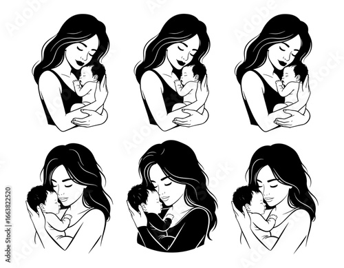 Vector art of mother tenderly holding her baby, showing love and care
