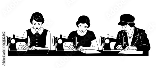 Vector art of three women working at sewing machines in a line