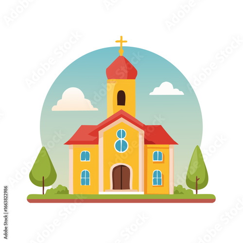 Cartoon church with red roof, yellow walls, and a cross on top with sky and trees