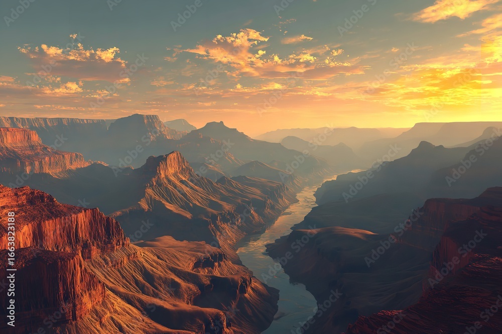 Obraz premium Majestic Grand Canyon Vista at Sunset: A Breathtaking Landscape of Natural Wonders and Atmospheric Beauty