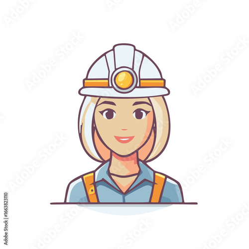 Cartoon Woman Miner Wearing Hard Hat with Light in Construction Uniform