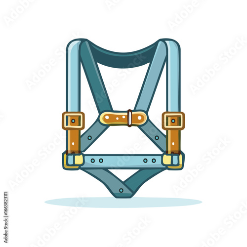 Blue safety harness illustration with brown leather straps and buckle for protection or security.
