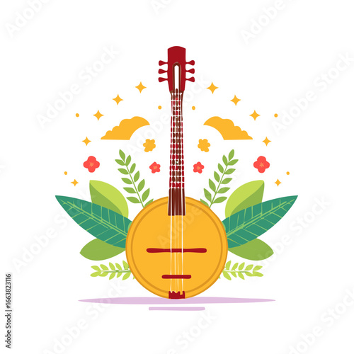 Cartoon Banjo with Green Leaves Floral Arrangement Decorative Elements