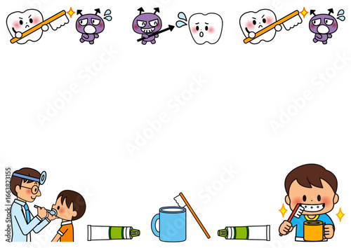 歯みがき,歯医者,フレーム,歯,保健,子供,虫歯,バイキン,歯科衛生士,歯磨き,歯科検診,歯科医院,白衣,仕事,職業,こども,はみがき,園児,小学校,小学生,幼児,こども園,保育所,幼稚園,保育園,保育,お泊り保育,生活,メッセージ,飾り枠,お知らせ,枠,メモ,歯みがき粉,デンタル,虫歯菌,清潔,歯ブラシ,ハミガキ,コップ,歯磨き粉,歯科,きれい,磨く,ブラシ,セット,イラスト