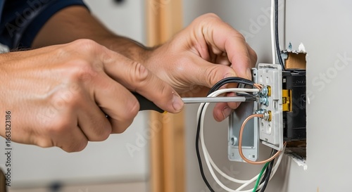 Electrician working on wiring with a screwdriver connecting wires in a wall outlet carefully
