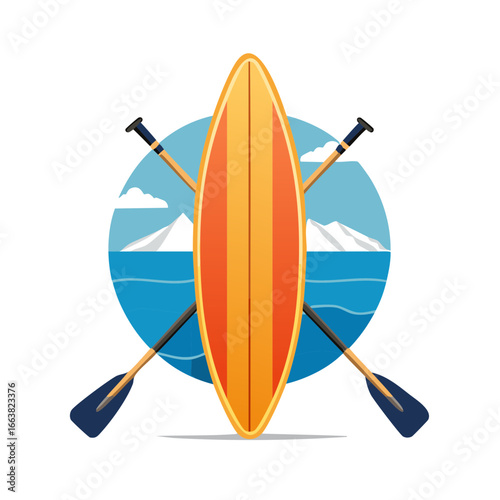 Stand Up Paddleboard and Paddles Illustration with Ocean and Mountain Backdrop for Outdoor Adventures