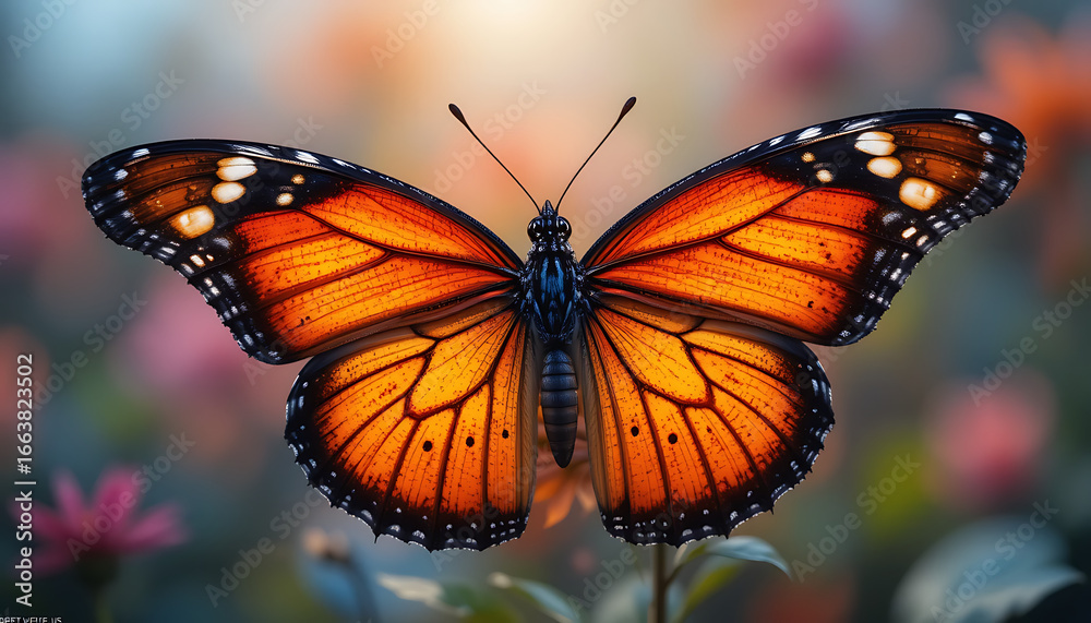 Naklejka premium Vivid Elegance of a Blue-Purple Butterfly Resting on a Pink Flower – Stunning Wing Colors, Natural Light, and Serene Garden Setting Captured in Close-Up Nature Photography for Wildlife, 4K image