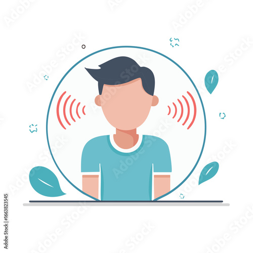 Person Receiving Sound Waves Vector Illustration for Hearing or Communication Design