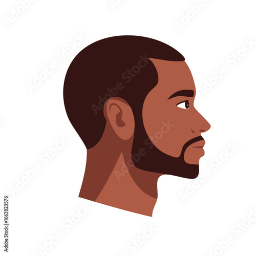 Profile view illustration of a dark haired, brown skinned man with short beard looking forward in vector format