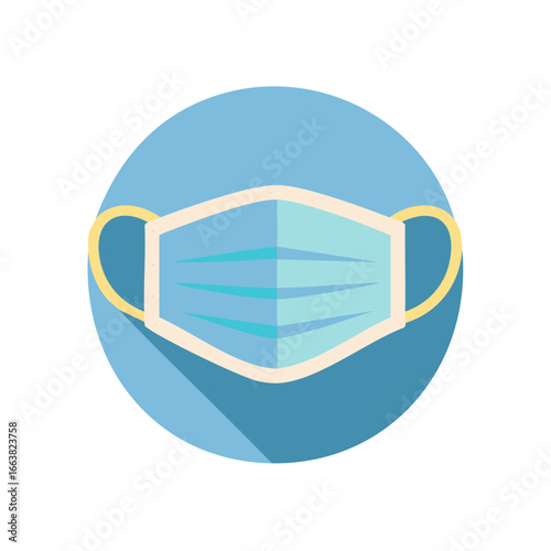 Protective blue face mask with elastic straps on round blue background symbolizing protection from respiratory infections