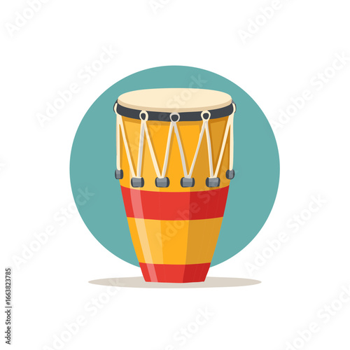Illustration of a Single Conga Drum with Red and Yellow Stripes on Teal Circle