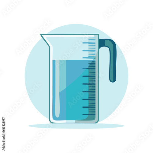 Graduated glass pitcher container filled with blue liquid for measuring volume