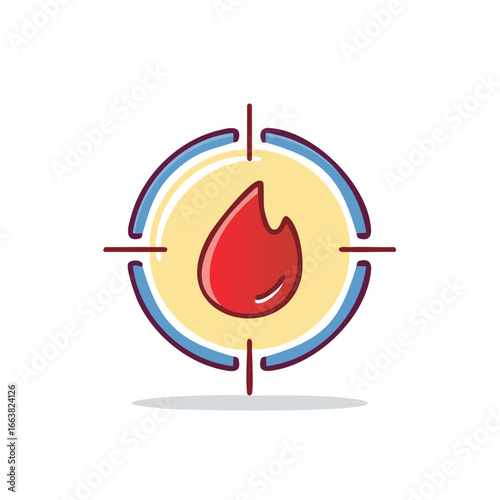 Target with red flame in the center, aiming, burning, focus, conceptual vector illustration icon, fire, risk, safety
