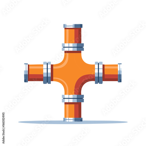 Orange plumbing pipe crossing with secure metal fittings forming a central hub and multiple connection points, vector illustration