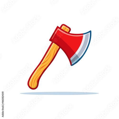 Axe Illustration with Red Head and Wooden Handle Sharp Metal Blade Lumberjack Tool