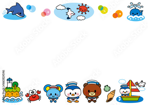 海,夏,フレーム,動物,水族館,子供,幼稚園,保育園,8月,ヨット,ペンギン,ネズミ,クマ,魚,イルカ,クジラ,カモメ,カニ,乗り物,保育,幼児,メッセージ,飾り枠,お知らせ,枠,メモ,船,サマー,制服,水兵帽,水兵帽子,真夏,船員,セーラー,帽子,ボート,かわいい,セーラー服,水兵,珊瑚,浮き輪,灯台,貝,ワカメ,海藻,太陽,イラスト,セット