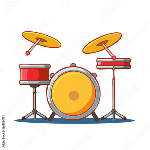 Vibrant Drum Set Illustration with Snare Drum, Bass Drum, and Cymbals