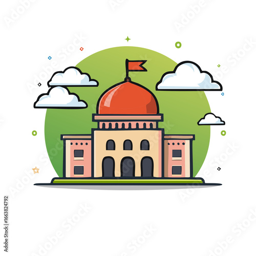 Architectural Dome Building with Cloudscape, an Illustration with a flag and green circle