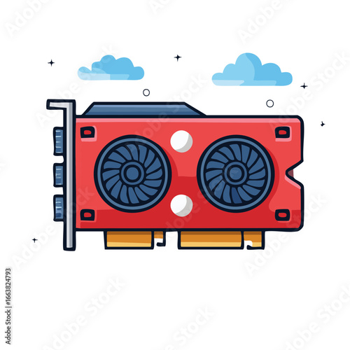 Cartoon Video Card Illustration Two Blue Cooling Fans Red and Gold Circuitry