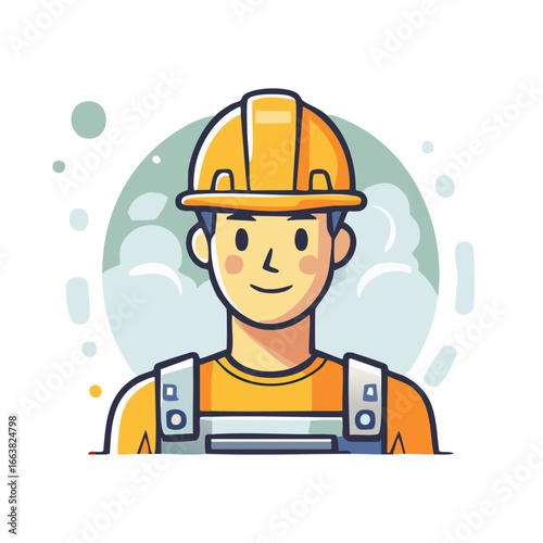 Cartoon portrait of a construction worker with a safety helmet and an orange shirt