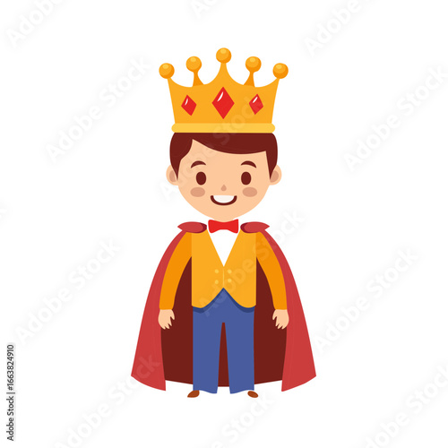 Cartoon king with a golden crown and red cape, isolated cheerful figure, illustration for children's book