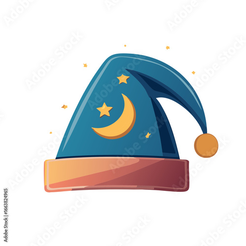 Stylized Nightcap Illustration with Moon and Stars, Blue and Gold Tones