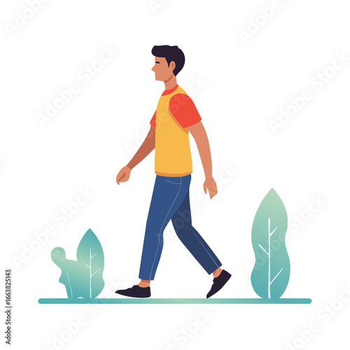 Man in Casual Outfit Walking Around Leafy Green Plants Side View Outdoor Leisurely Stroll