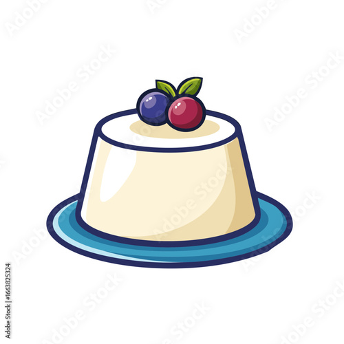 Delicious Panna Cotta Dessert with Berries and Leaves on a Blue Plate, Traditional Italian Dessert, Sweet Food
