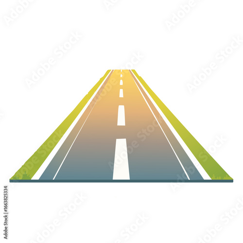 Scenic vector illustration of a straight road with green grass verges receding into the distance