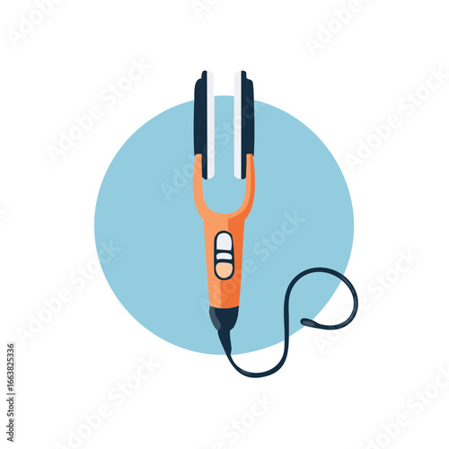 Stylized flat iron hair straightener appliance for haircare routine in orange and blue tones