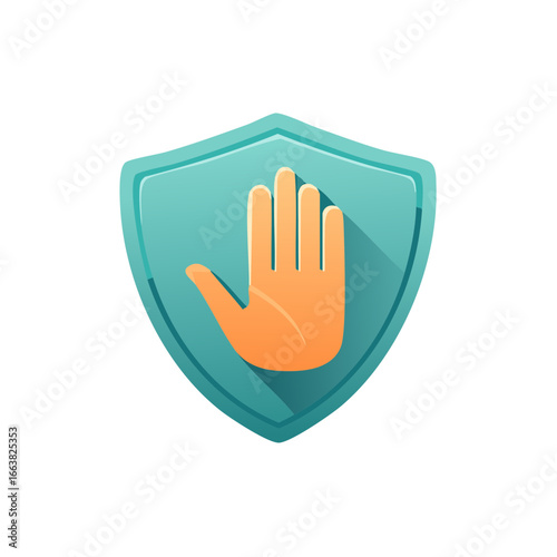 Hand stop gesture symbol on the shield, protection, prohibition, control.