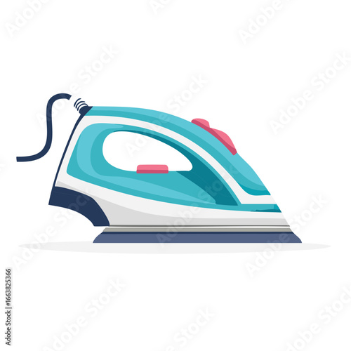 Cartoon illustration of an electric flat iron for laundry, blue and white appliance with wire, modern tool