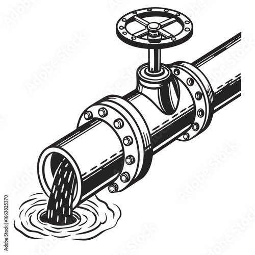 A pipeline with a valve is releasing liquid