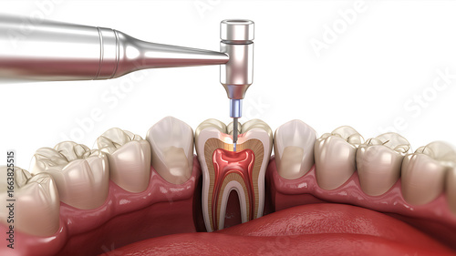 A 3D render of a root canal procedure on a molar.