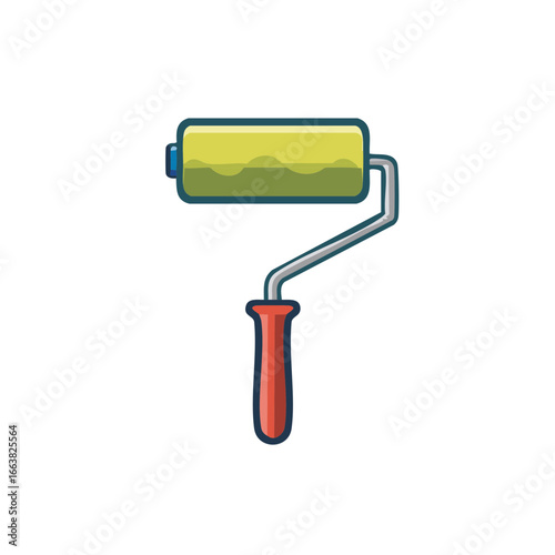 Paint roller tool illustration, rolling brush with yellow color, painting equipment, tool vector art