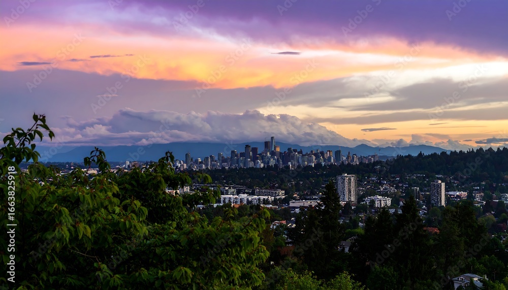 Fototapeta premium A vibrant cityscape view at sunset, with a dramatic sky and lush greenery framing the urban horizon.