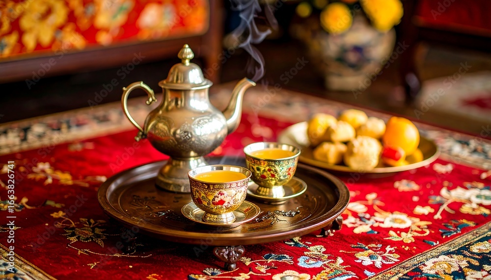 Fototapeta premium A warm, inviting scene of steaming tea served on a richly patterned tray.