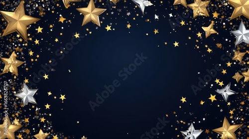 Gold and silver stars confetti frame on dark background
