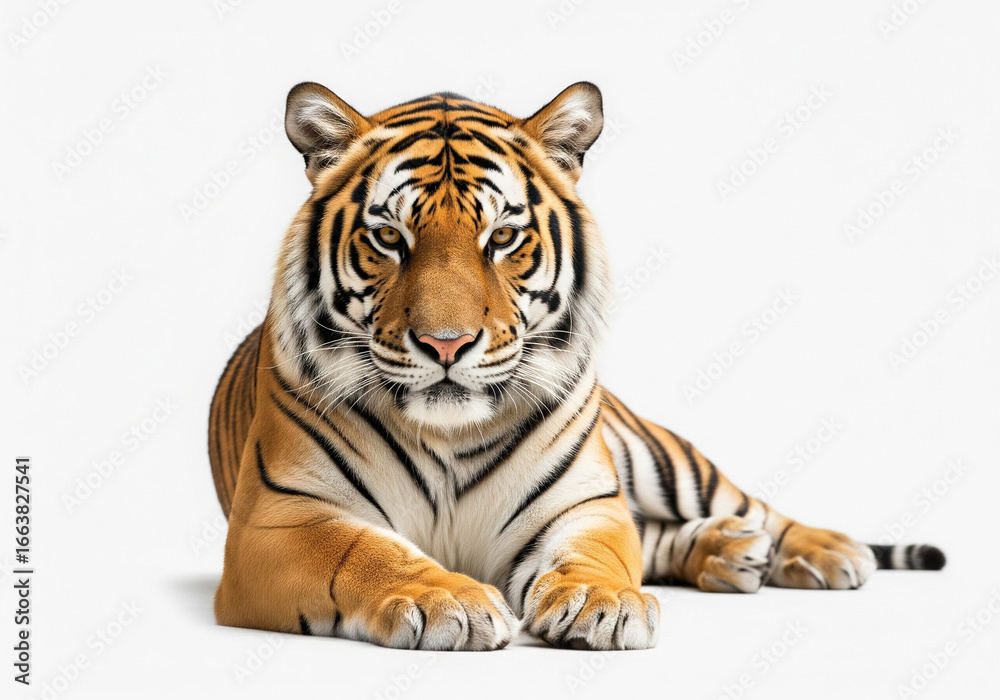 Obraz premium A tiger is laying down on a white background, Tiger White background Isolate full body.