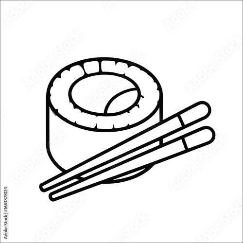 Hand-drawn illustration of a single maki sushi roll with salmon, avocado, and chopsticks; minimalist, vintage style; appetizing food image.