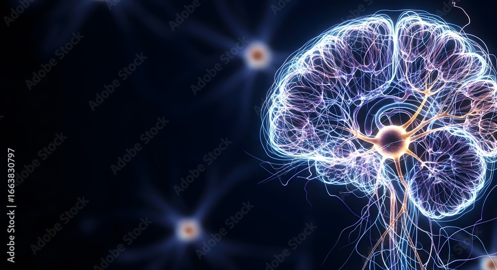 Fototapeta premium Futuristic visualization of the human brain's neural network, with glowing neurons and synapses representing intelligence, memory, and cognitive function
